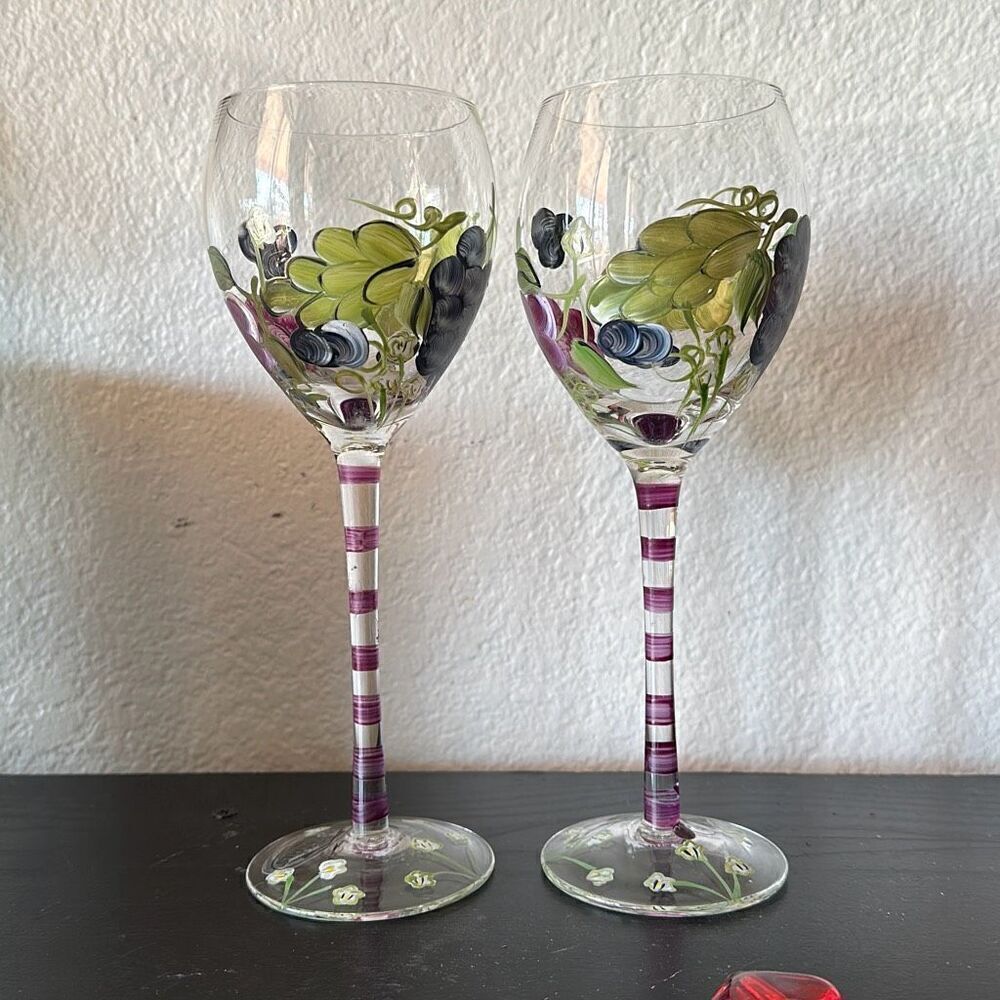 Set of two Wine Glasses hand painted grapes cocktail